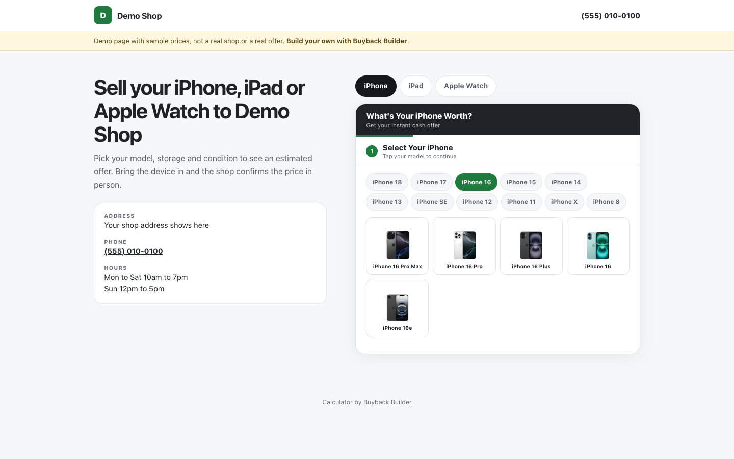 Demo Shop buyback calculator page